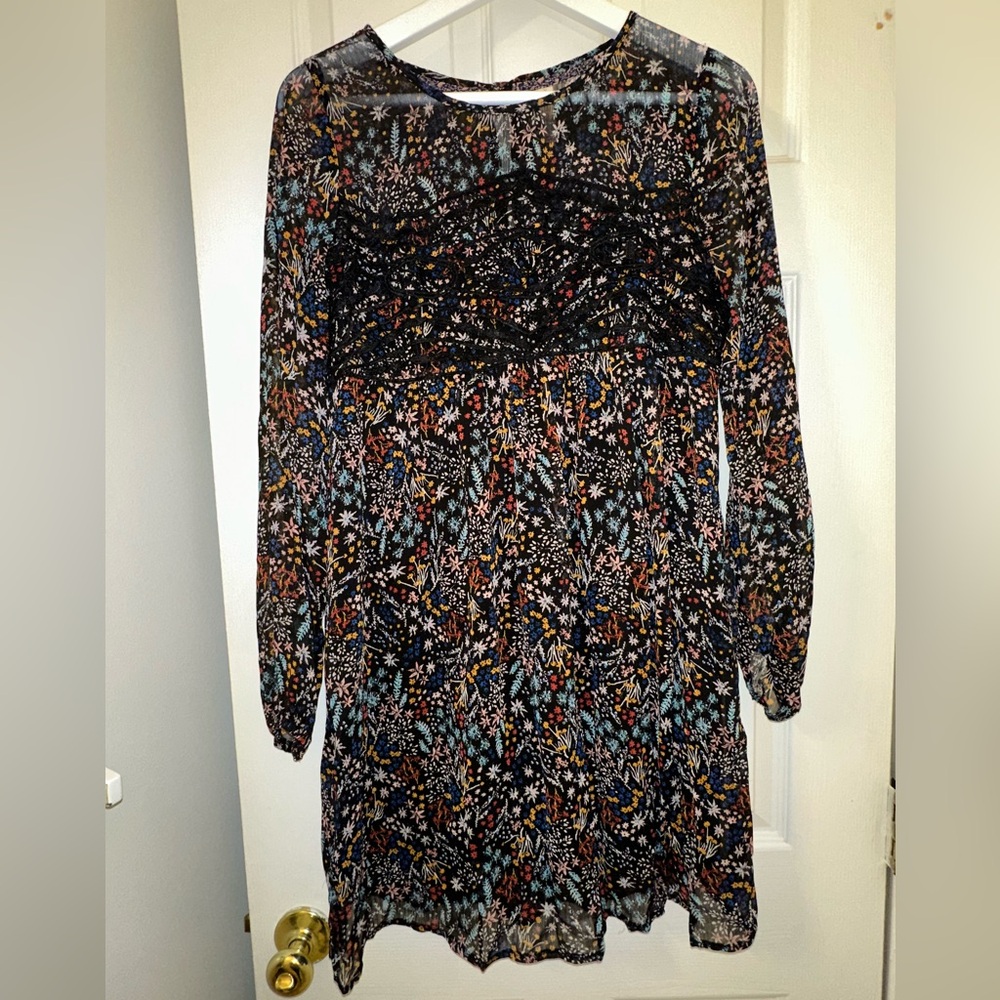 Xhilaration Black Long-sleeve Floral Dress - Women’s size Small - Sheer Shift